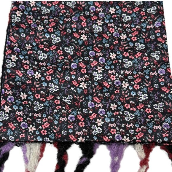 ECHO Wool Blend Scarf Black Plaid Reverse Floral Fringed NWT - Picture 3 of 10